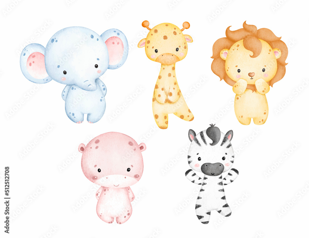 Watercolor set of Baby Safari Animals in pastel color 
