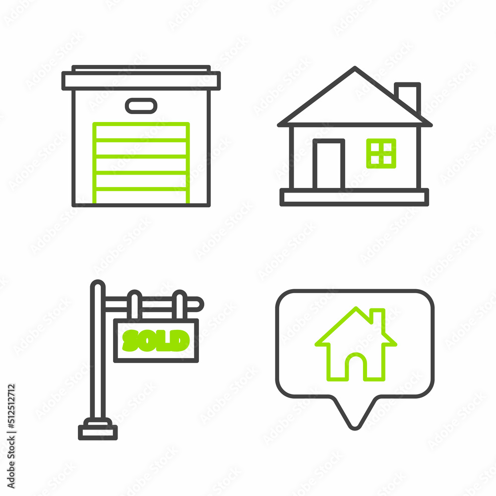 Set line Map pointer with house, Hanging sign text Sold, House and Garage icon. Vector Set line Map pointer with house, Hanging sign text Sold, House and Garage icon. Vector