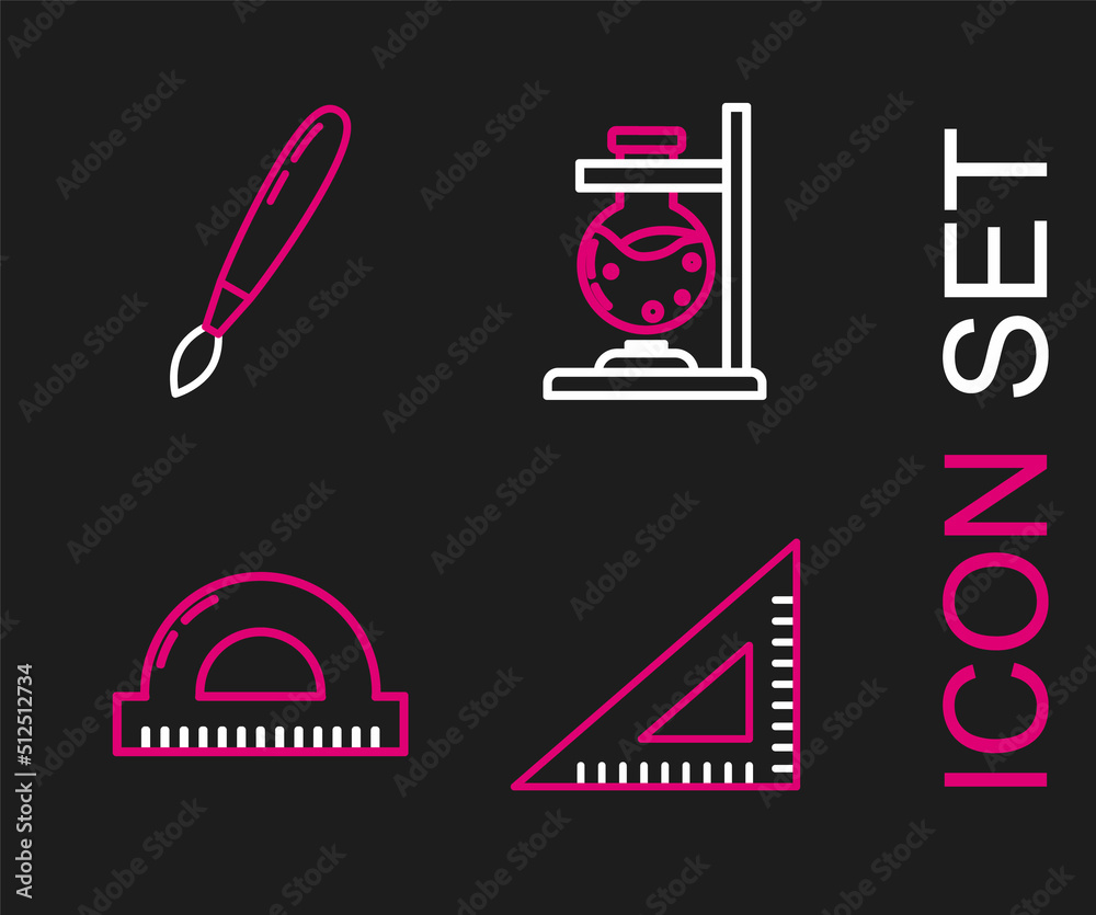 Set line Triangular ruler, Protractor grid for measuring degrees, Glass test tube flask on fire and Paint brush icon. Vector Set line Triangular ruler, Protractor grid for measuring degrees, Glass test tube flask on fire and Paint brush icon. Vector