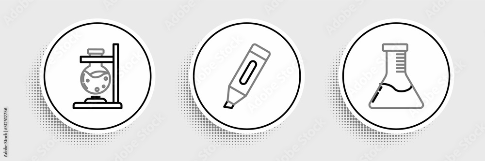 Set line Test tube and flask chemical laboratory, Glass test on fire and Marker pen icon. Vector Set line Test tube and flask chemical laboratory, Glass test on fire and Marker pen icon. Vector
