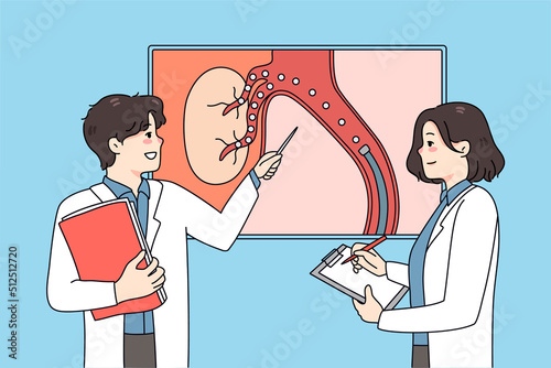 Doctors brainstorm talk about patient embolization. Medical colleague discuss diagnosis looking at organ picture. Hepatology and liver problem. Vector illustration. 