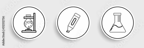 Set line Test tube and flask chemical laboratory, Glass test on fire and Marker pen icon. Vector