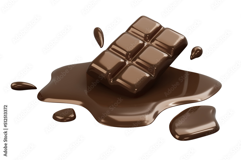 ภาพประกอบสต็อก 3D Rendering of melting chocolate bar isolated on white