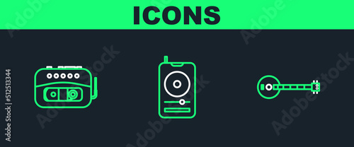 Set line Banjo, Music tape player and icon. Vector