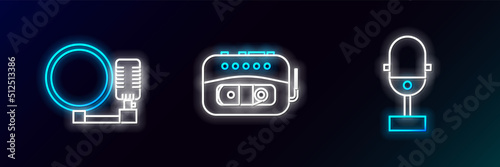 Set line Microphone, and Music tape player icon. Glowing neon. Vector