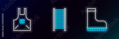 Set line Waterproof rubber boot, Kitchen apron and Wooden staircase icon. Glowing neon. Vector