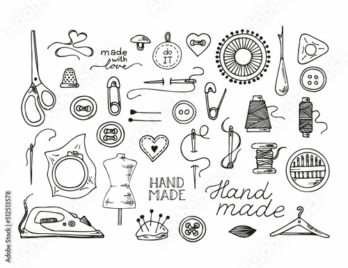 Knitting and crochet, a set of contour drawings, hand-drawn design elements. Vector sketch icon illustration