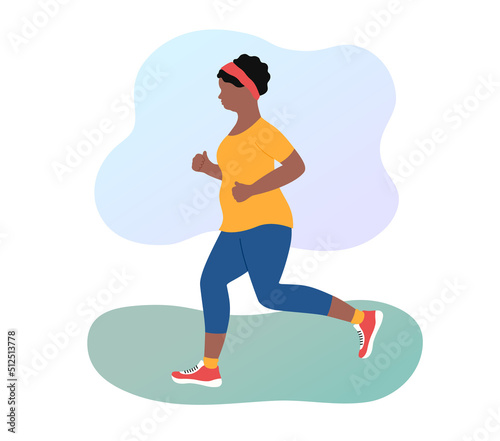 Jogging woman losing weight outdoors. Plump african american girl running in sportswear. Overweight. Morning jog in park. Flat vector illustration