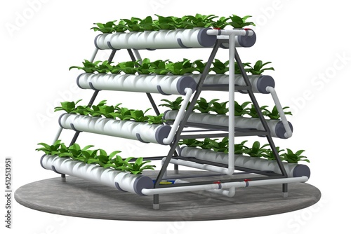 Vertical hydroponics greenhouse. A-Type hydroponic system for growing plants and vegetables in a nutrient solution. 3d illustration