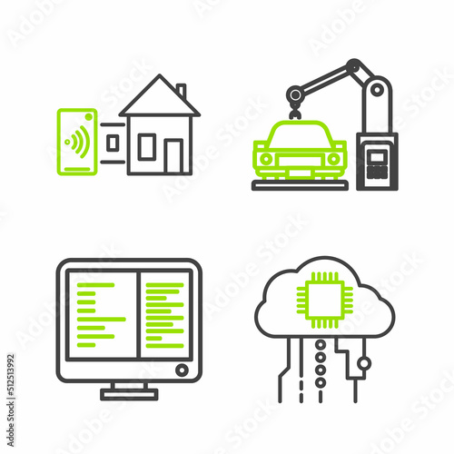 Set line Internet of things, Computer monitor screen, Industrial machine robotic robot arm hand and Smart home icon. Vector