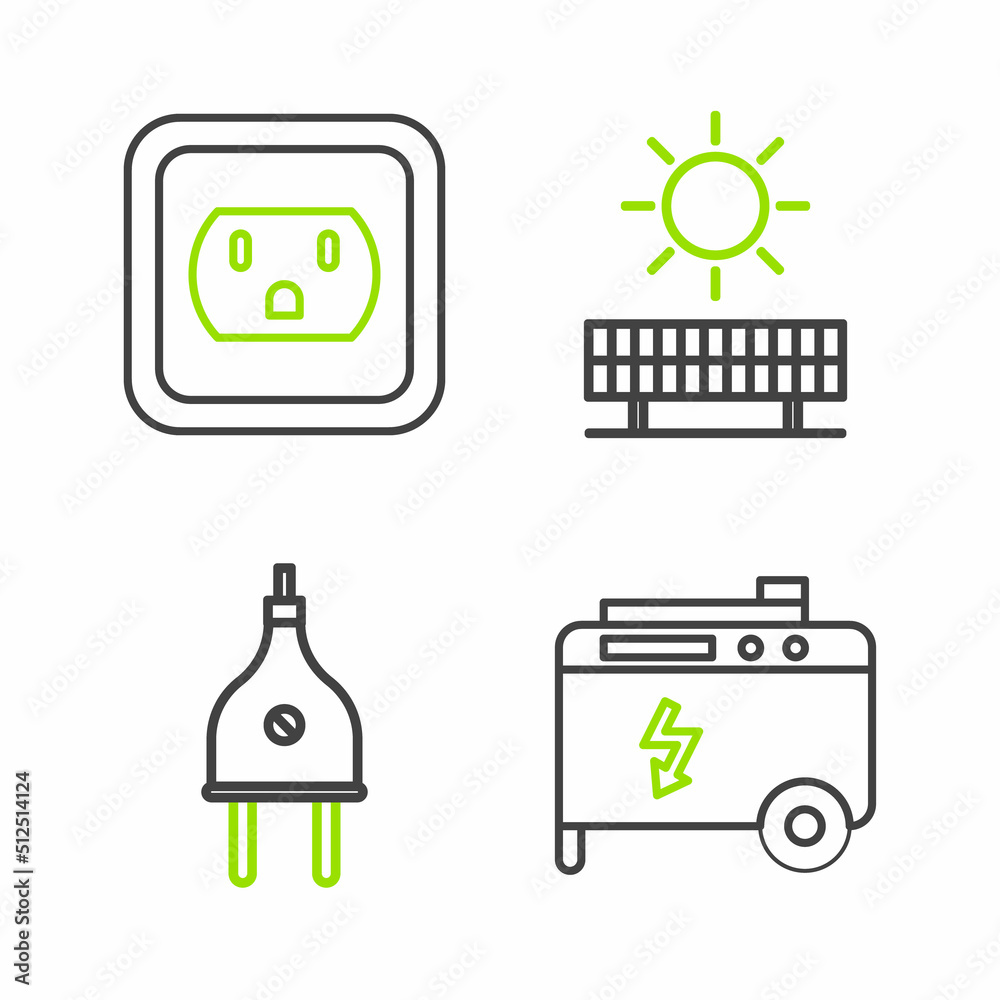 Set line Portable power electric generator, Electric plug, Solar energy panel and sun and Electrical outlet in the USA icon. Vector Set line Portable power electric generator, Electric plug, Solar energy panel and sun and Electrical outlet in the USA icon. Vector