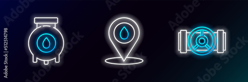 Set line Industry metallic pipes and valve, Oil gas industrial factory building and Refill petrol fuel location icon. Glowing neon. Vector