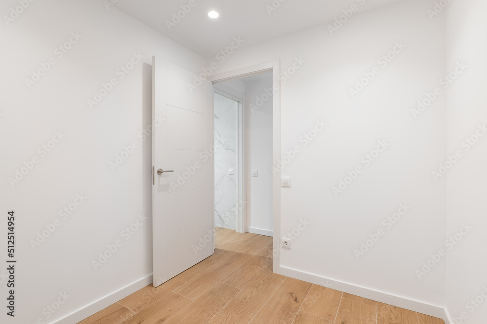 Empty room with laminate flooring and newly painted white wall in refurbished apartment with corridor leading to other rooms. Repair and construction concept. Empty room with laminate flooring and newly painted white wall in refurbished apartment with corridor leading to other rooms. Repair and construction concept.