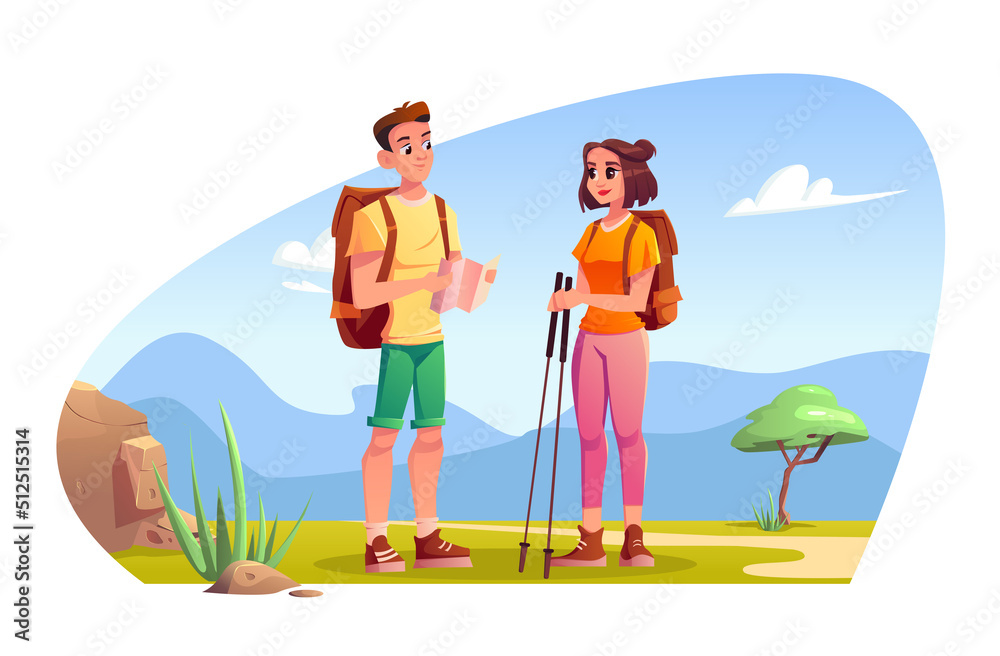 Tourists backpackers Man and Woman hiking adventure, summer  trip. Map and trekking equipment.  Nature landscape with tree, grass and mountains. Vector illustration Cartoon Characters.