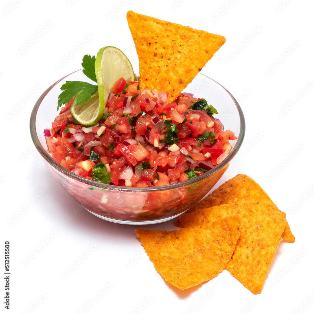 Glass bowl of tomato salsa dip with Tortilla chips isolated on white background Glass bowl of tomato salsa dip with Tortilla chips isolated on white background