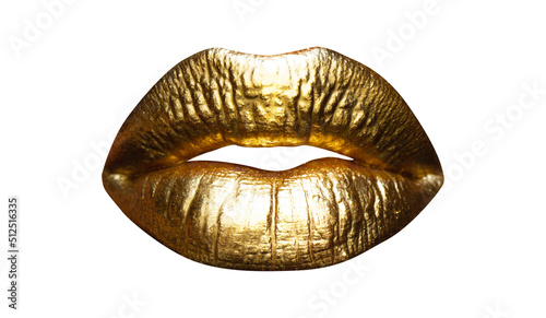 Womans golden lips close up isolated on white background. Gold sexy mouth. Shine metalized lip.