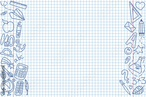Doodle. Hand-drawn school supplies on a white background. Frame. Back to school. Vector illustration.