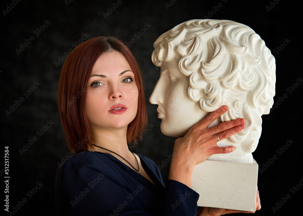 portrait of beautiful woman with bust monument of on black background. legends of ancient greece