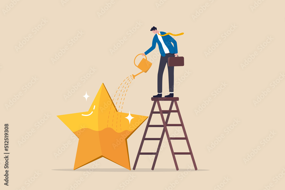 Ambition or motivation to success or being excellence, aspiration and effort to improve, growing and best performance concept, ambitious businessman fill in golden star price metaphor of success. Ambition or motivation to success or being excellence, aspiration and effort to improve, growing and best performance concept, ambitious businessman fill in golden star price metaphor of success.