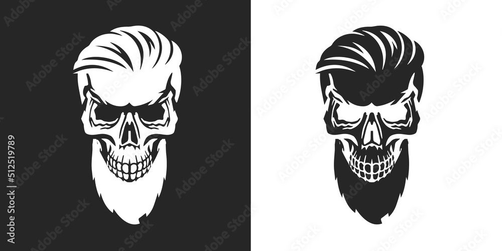 Isolated illustration of a hipster skull with beard, and hairstyle. Modern logo for barbershop, banner, poster in vintage style.