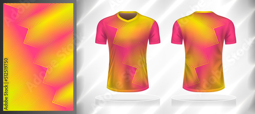 Vector sport pattern design template for T-shirt front and back view mockup. Yellow-pink color gradient zigzag line texture background illustration.