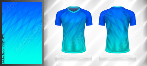 Vector sport pattern design template for T-shirt front and back view mockup. Shades of blue-sky color gradient geometric oblique line texture background illustration.