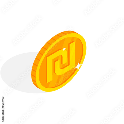 Isometric gold coin icon with Shekel sign. 3d Cash, Israeli Shekel currency, Game coin, banking or casino money symbol for web, apps, design. ILS currency exchange icon vector illustration.