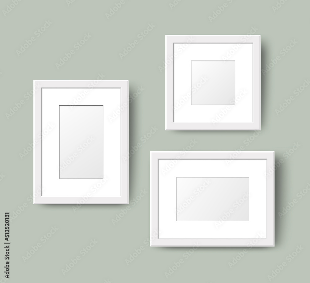 Realistic Empty Wall Photo Frame set. Vector white picture frames collage mockup template with shadow on olive green wall background. Mockup for poster, banner, photo gallery, painting, presentation Realistic Empty Wall Photo Frame set. Vector white picture frames collage mockup template with shadow on olive green wall background. Mockup for poster, banner, photo gallery, painting, presentation