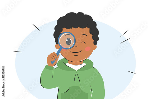 Afro American boy holding magnifying glass. Child using magnifier for learning, study. Vector Illustration.