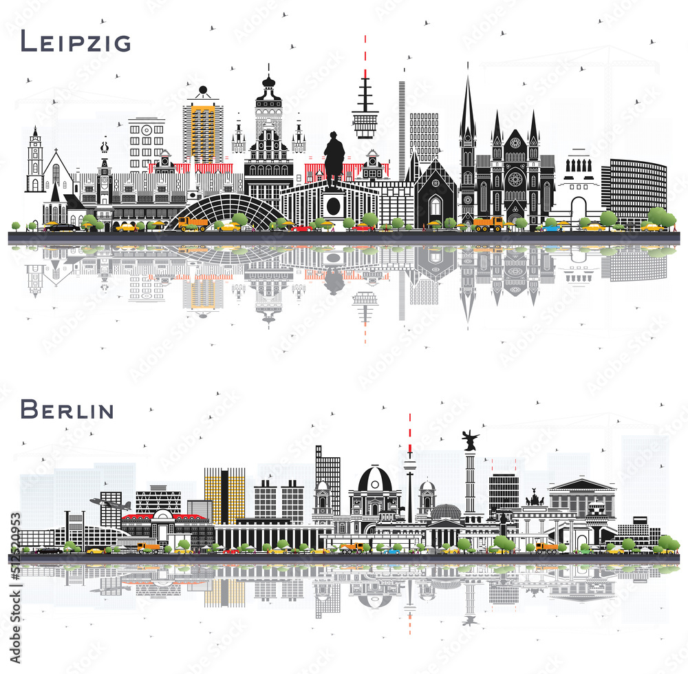 Berlin and Leipzig Germany City Skyline Set.