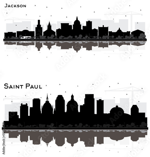 Saint Paul Minnesota and Jackson Mississippi City Skyline Silhouette Set.