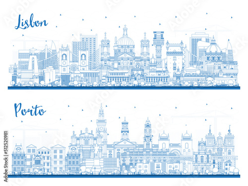 Outline Porto and Lisbon Portugal City Skyline Set.