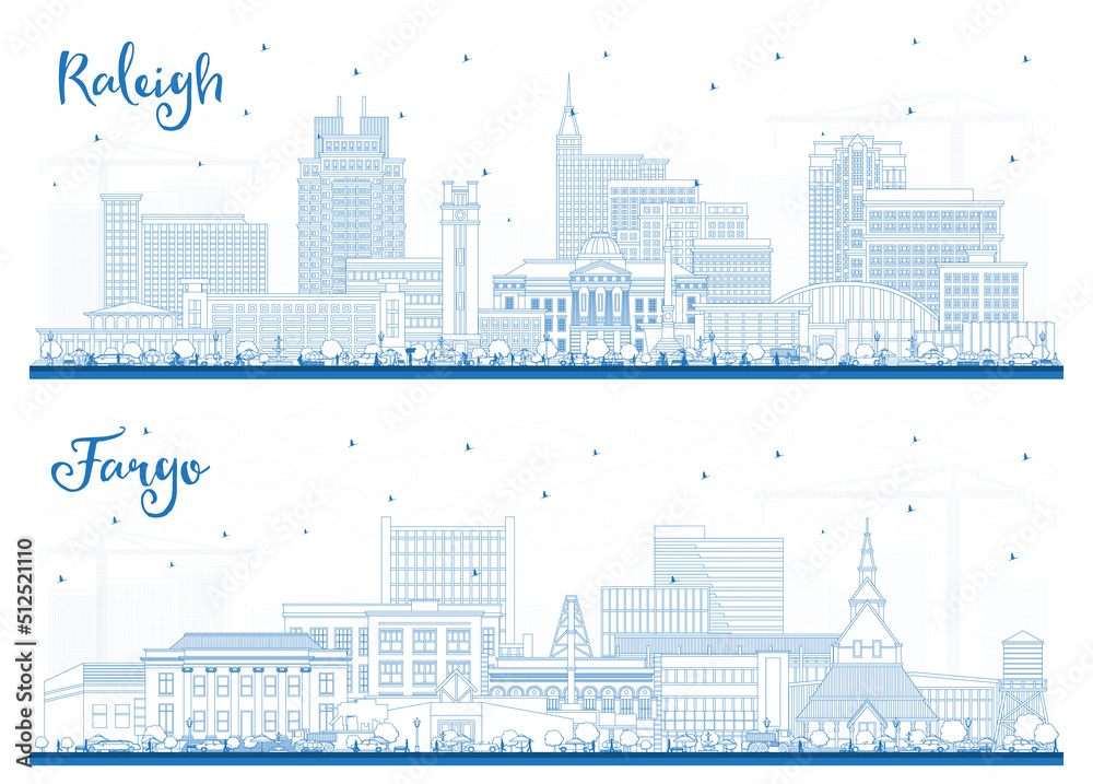 Outline Raleigh North Carolina City Skyline with Blue Buildings.