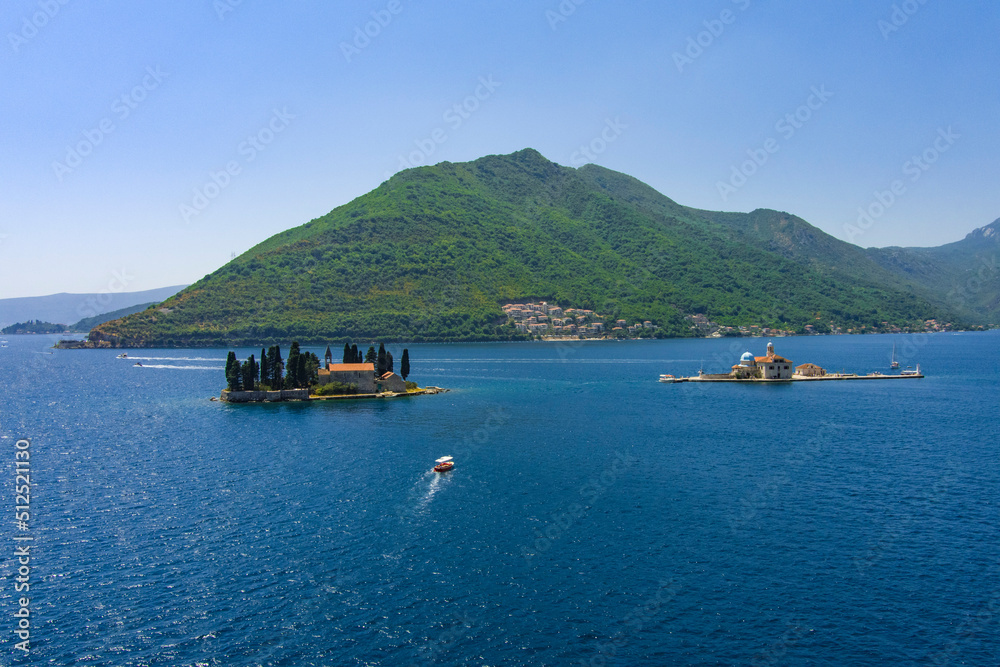 Montenegro. Bay of Kotor. The island of St. George and the Island of Gospa od Skrpela are located near the city of Perast. Popular tourist spot. Drone. Aerial view