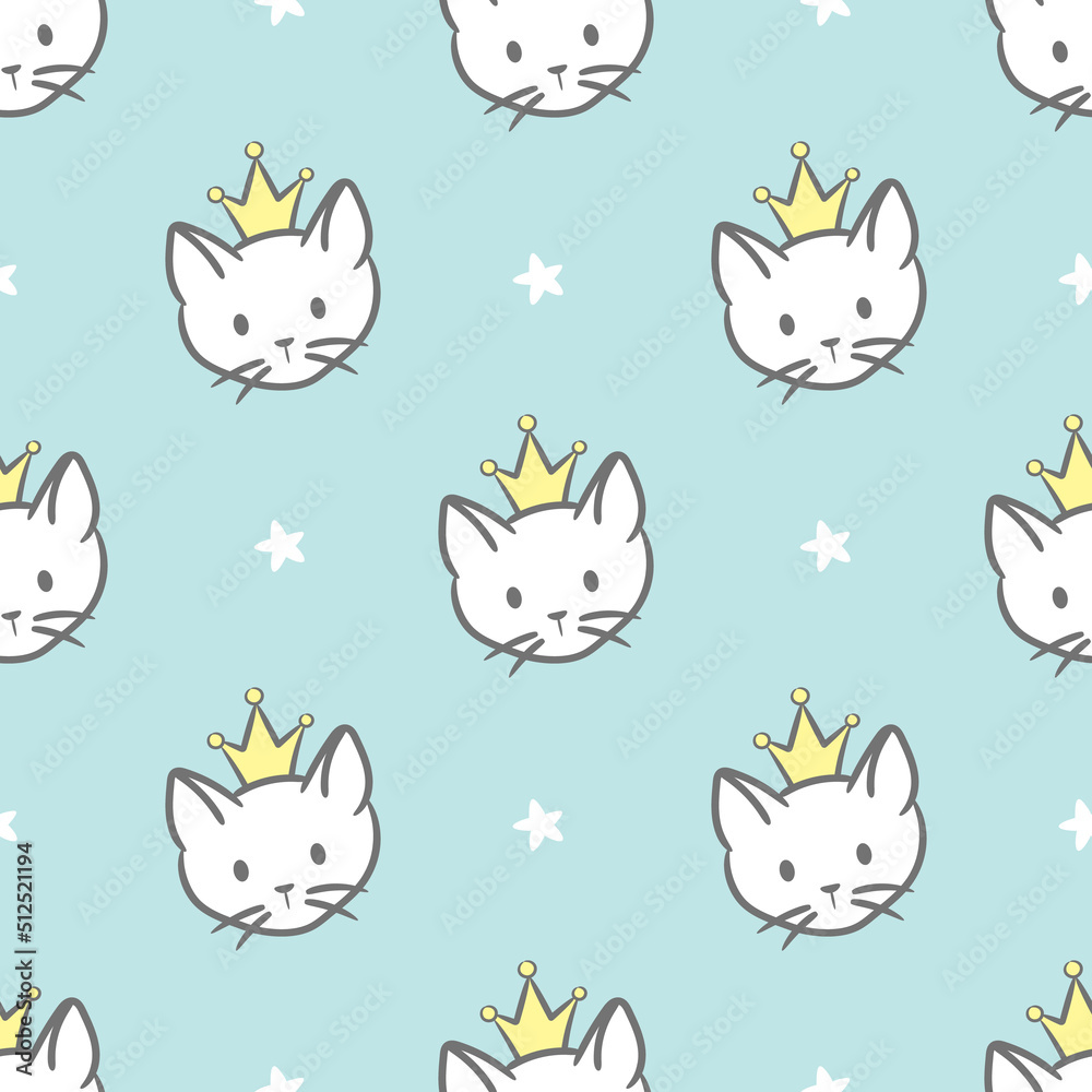 Princess cat, cute seamless vector pattern, adorable background