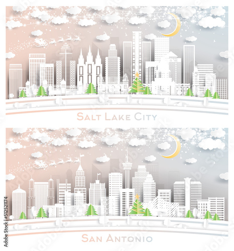 San Antonio Texas and Salt Lake City Utah City Skyline Set in Paper Cut Style.