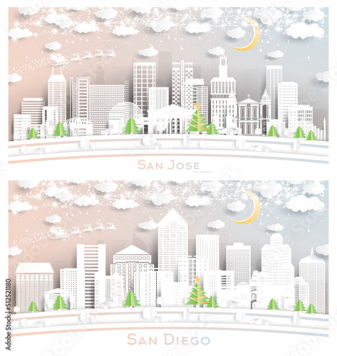 San Diego and San Jose California City Skyline Set in Paper Cut Style.