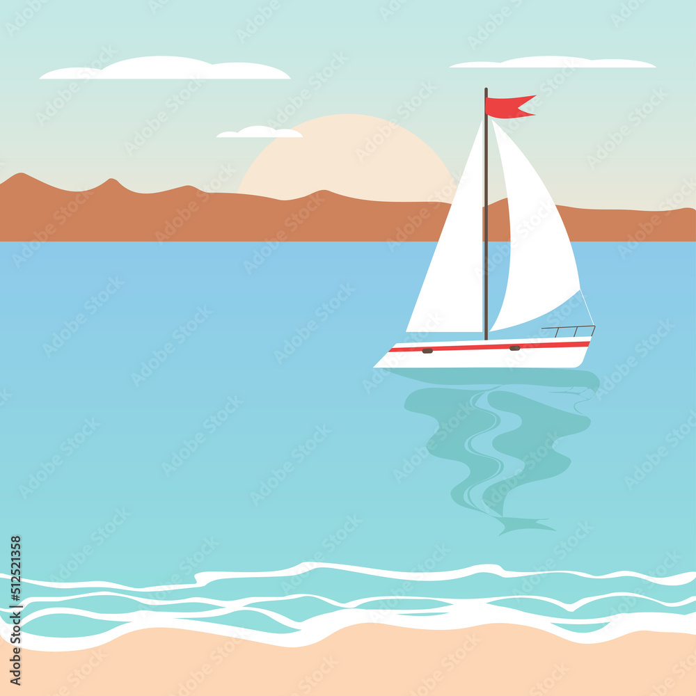 Naklejka premium summer seascape with sunrise, boat and mountains as well as waves and dry land