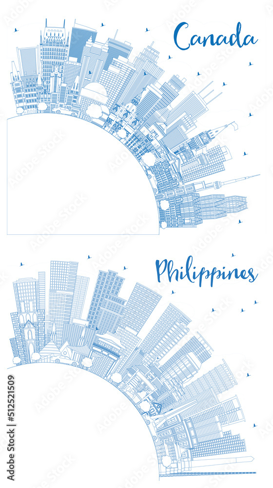 Outline Philippines and Canada City Skyline Set with Blue Buildings and Copy Space.