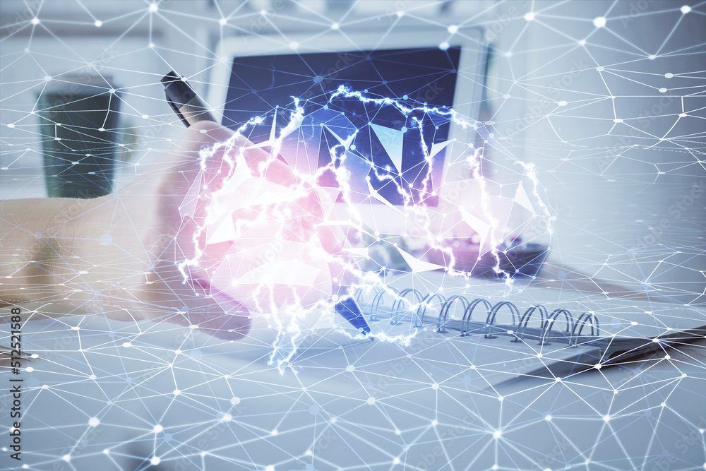 Multi exposure of writing hand on background with brain hologram. Concept of self learning. Multi exposure of writing hand on background with brain hologram. Concept of self learning.