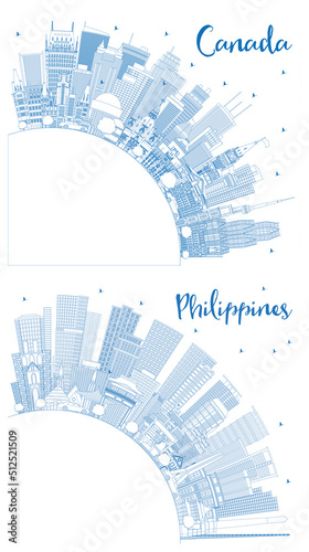 Photography Outline Philippines and Canada City Skyline Set with Blue Buildings and Copy Space