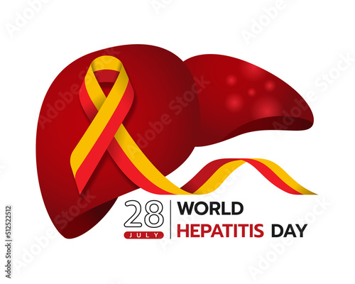 world hepatitis day - yellow red ribbon waveing around liver with inflammation vector design