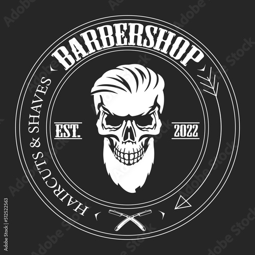 Barbershop logo design. Vintage lettering on a dark background with a skull. All objects, text are in separate groups.