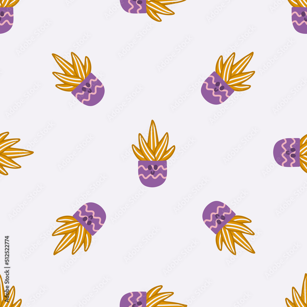 Hand drawn cute succulent house plants in pots, vector seamless pattern for fabric, wallpapers