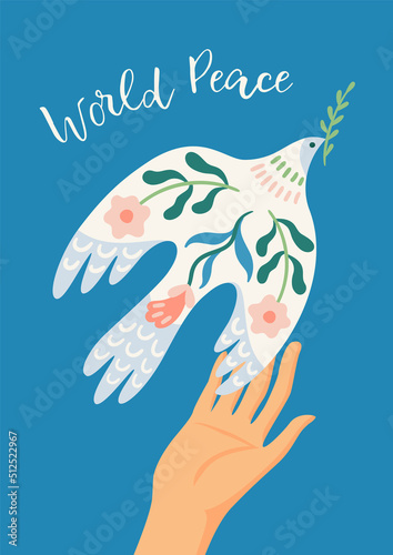 World Peace. Hand and dove of peace. Vector illustration. Elements for card, poster, flyer and other use
