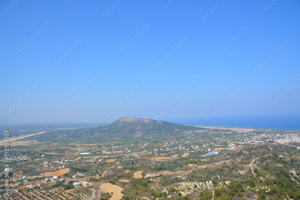 greek island with clear sky, view from top of the mountain