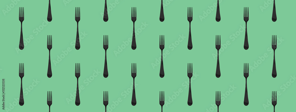pattern. Fork top view on pastel green background. Template for applying to surface. Horizontal image. Banner for insertion into site. Flat lay. 3D image. 3D rendering. pattern. Fork top view on pastel green background. Template for applying to surface. Horizontal image. Banner for insertion into site. Flat lay. 3D image. 3D rendering.