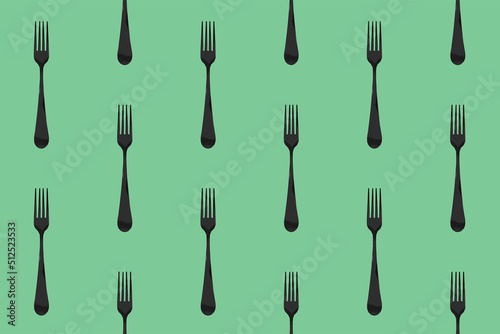 pattern. Fork top view on pastel green background. Template for applying to surface. Horizontal image. Flat lay. 3D image. 3D rendering.