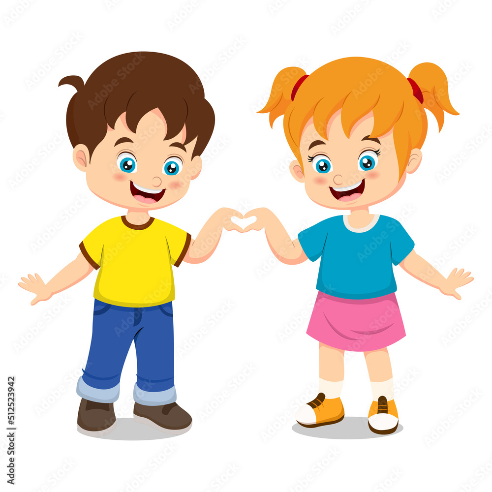 Cute boy and girl cartoon in hands heart shape