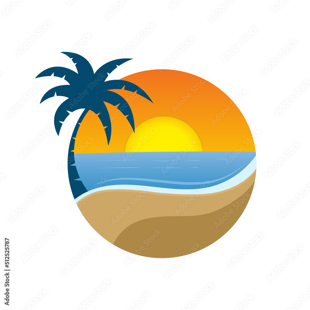 Template for the summer holiday logo. Vector illustration, flat design. summer sunset with palm trees hand-drawn illustration.